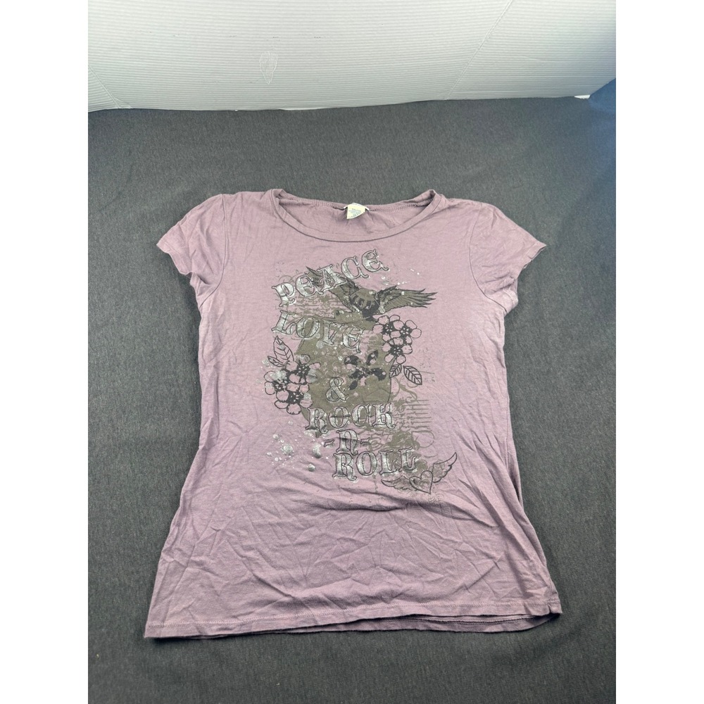 Maurices Womens Peace Love Rock N‎ Roll Graphic Tee Purple Cotton CJ6JW5KXM M